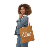 Ciao Canvas Tote Bag – Minimalist Italian Greeting Bag, Warm Brown Reusable Cotton Shopper, Chic Everyday Gift for Her or Him
