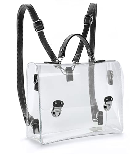 Clear PVC Backpack for Stadium Approved Multifunction Transparent Shoulder Handbag Unisex Messenger Satchel Cross Body Bag (Black)