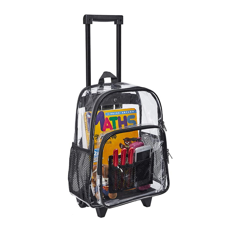 Clearworld Rolling Clear Backpack, Heavy Duty Cold - Resistant Security Transparent PVC Backpack with Wheels (Black)