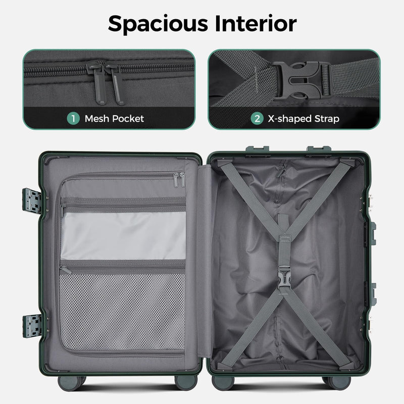 cllson Carry on Luggage Aluminium Frame with Cup Holder,Top opening Suitcases and USB Charging Port,Lightweight with Front Pocket Rolling Suitcases with Spinner Wheels (Dark Green, 20Inch)