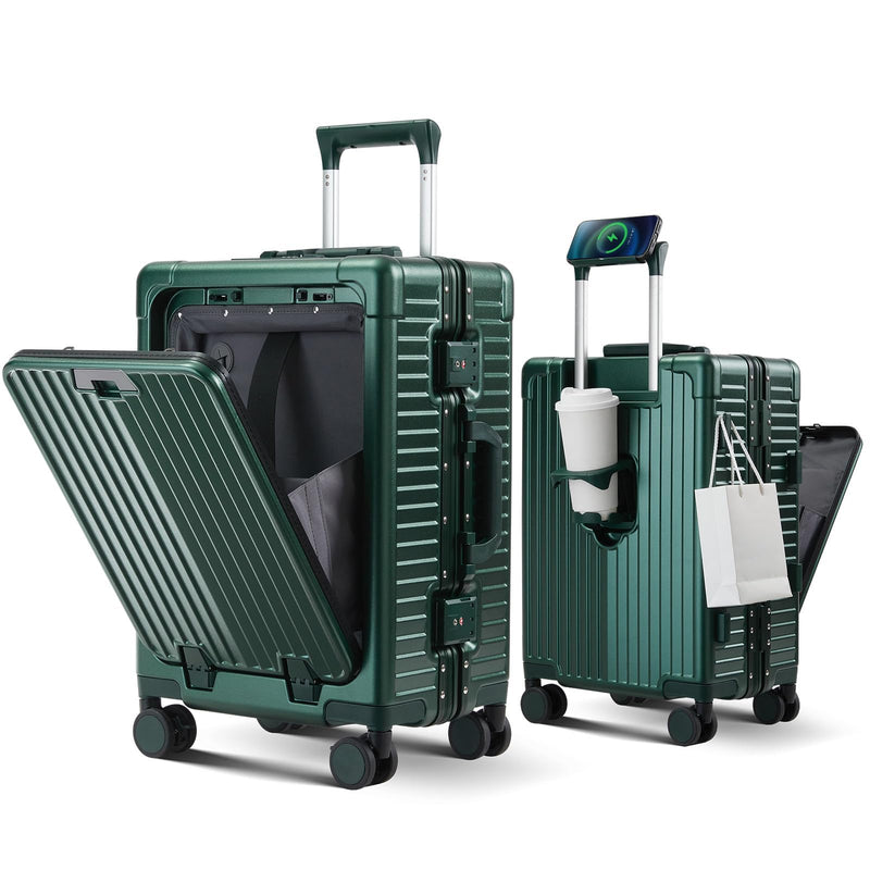 cllson Carry on Luggage Aluminium Frame with Cup Holder,Top opening Suitcases and USB Charging Port,Lightweight with Front Pocket Rolling Suitcases with Spinner Wheels (Dark Green, 20Inch)