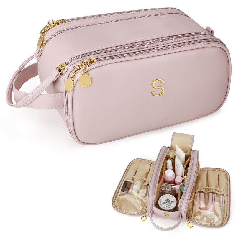 CLOUDWINGS Gifts for Women Teen Girls Large Capacity Initial Travel Makeup Bag, 3 - Compartment Cosmetic Organizer with Clear Brush Holders, Large Opening Waterproof Toiletry Bag, Pink,S