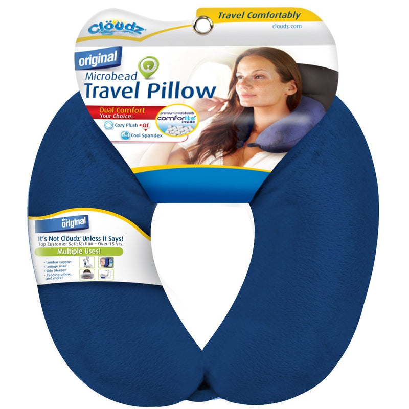 Cloudz Dual Comfort Microbead Airplane Travel Neck Pillow. Super Soft Cozy Plush Fabric on One Side, Cool Relaxing Spandex on The Other! Customize Your Comfort and Support at Home or On The Go! - Blue