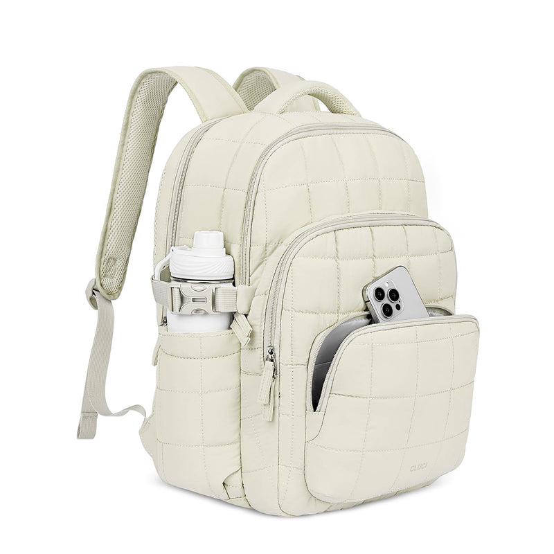 CLUCI 17.3 Inch Laptop Backpack for Women, Anti Theft Travel Backpack, Puffer Quilted Work Backpack, Water Resistant College Bookbag, Carry on backpack with RFID (Beige)