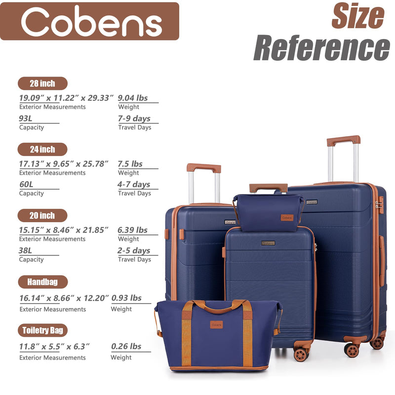 Cobens Luggage Sets 5 Piece with Spinner Wheels, Lightweight Hardshell Suitcases Set with Lock for Men and Women, Carry on Luggage Travel Set with Durable ABS Hard Case