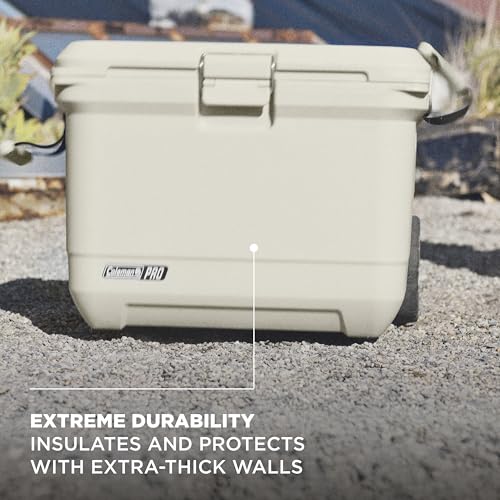 Coleman Pro Heavy-Duty 55qt Wheeled Ultra-Light Premium Hard Cooler, Extra-Thick Insulation Keeps Ice up to 5 Days, 92-Can Capacity, Heavy-Duty Wheels
