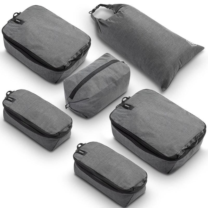 Compression Packing Cubes for Travel by TRIPPED – 6 - Piece Premium Set with Laundry & Shoe Bag, Space Saving Travel Organizer Bags for Suitcase & Carry - On Luggage (Grey)