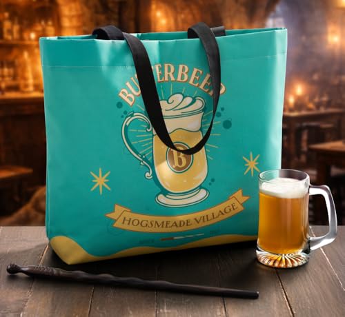 ConQuest Journals Harry Potter Butterbeer Tote Bag, Durable Woven Polyester, Snap Closure, Patterned Inside Pocket, Elastic Wand/Pen Loop, 18'' x 14'' x 4'', Officially Licensed Wizarding World Merch