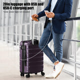 Coolife Luggage 3 Piece Set Suitcase Spinner ABS+PC Hardshell Lightweight TSA Lock USB Port, 20in 24in 28in Carry on Expandable (only 28’’), Purple