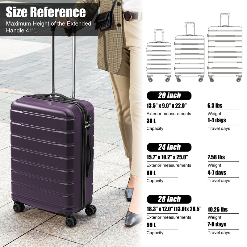 Coolife Luggage 3 Piece Set Suitcase Spinner ABS+PC Hardshell Lightweight TSA Lock USB Port, 20in 24in 28in Carry on Expandable (only 28’’), Purple