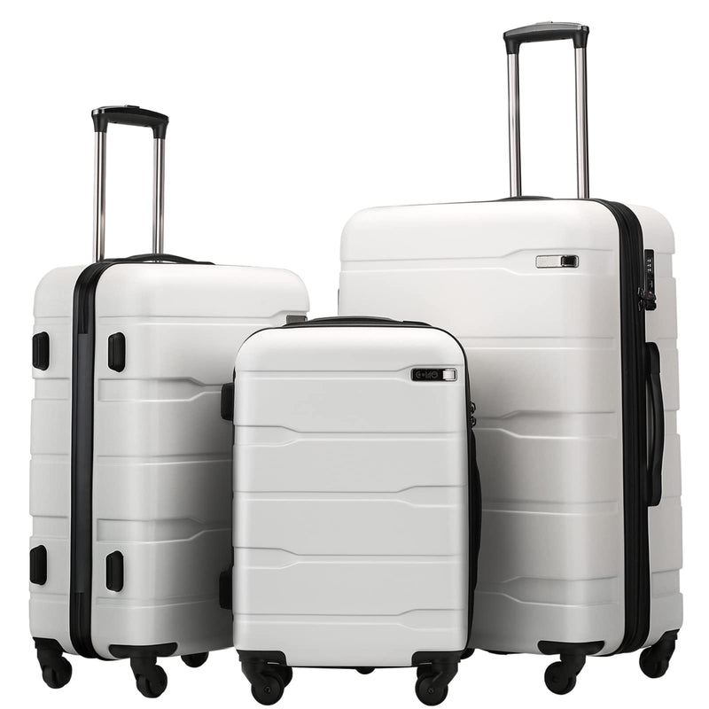 Coolife Luggage Set 3 Piece Hardside PC+ABS Suitcase with TSA Lock, Expandable Large Checked Luggage, Lightweight Rolling Carry On with Spinner Wheels(20/24/28 Inch, White)