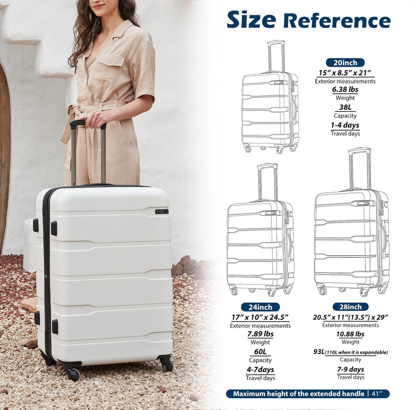 Coolife Luggage Set 3 Piece Hardside PC+ABS Suitcase with TSA Lock, Expandable Large Checked Luggage, Lightweight Rolling Carry On with Spinner Wheels(20/24/28 Inch, White)