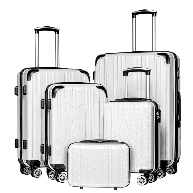 Coolife Luggage Sets, 5 Piece Durable Suitcase, Lightweight Carry on Luggage with PC+ABS Hardshell, Dual Spinner Wheels, TSA Lock and YKK Zipper (white grid new, 5 piece set)