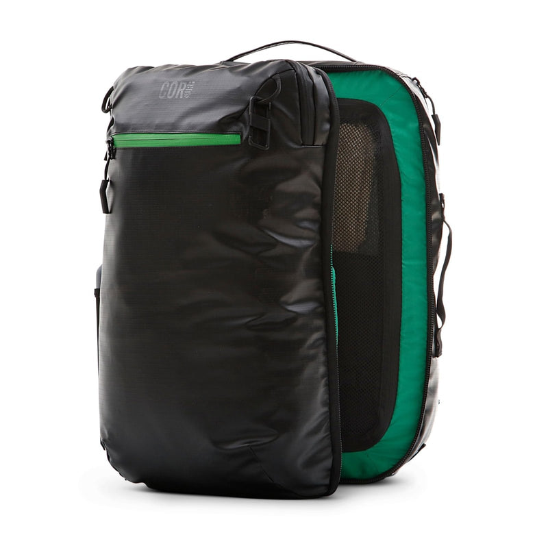 COR Surf Travel Backpack Carry On Backpack for Airplanes - Island Hopper 2.0 - Travel Backpack with Clamshell Design - Black with Green Zipper