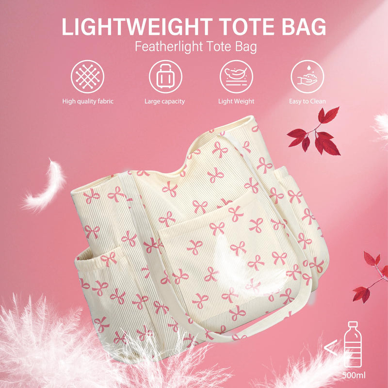 Corduroy Tote Bag for Women, Large Capacity Cute Tote Bags With 6 Pockets, Laptop Tote Bag Crossbody Shoulder Handbag Teacher Nurse Bags for Work Travel Gym(Pink Bows)