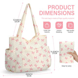 Corduroy Tote Bag for Women, Large Capacity Cute Tote Bags With 6 Pockets, Laptop Tote Bag Crossbody Shoulder Handbag Teacher Nurse Bags for Work Travel Gym(Pink Bows)
