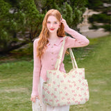 Corduroy Tote Bag for Women, Large Capacity Cute Tote Bags With 6 Pockets, Laptop Tote Bag Crossbody Shoulder Handbag Teacher Nurse Bags for Work Travel Gym(Pink Bows)