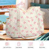 Corduroy Tote Bag for Women, Large Capacity Cute Tote Bags With 6 Pockets, Laptop Tote Bag Crossbody Shoulder Handbag Teacher Nurse Bags for Work Travel Gym(Pink Bows)