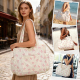 Corduroy Tote Bag for Women, Large Capacity Cute Tote Bags With 6 Pockets, Laptop Tote Bag Crossbody Shoulder Handbag Teacher Nurse Bags for Work Travel Gym(Pink Bows)