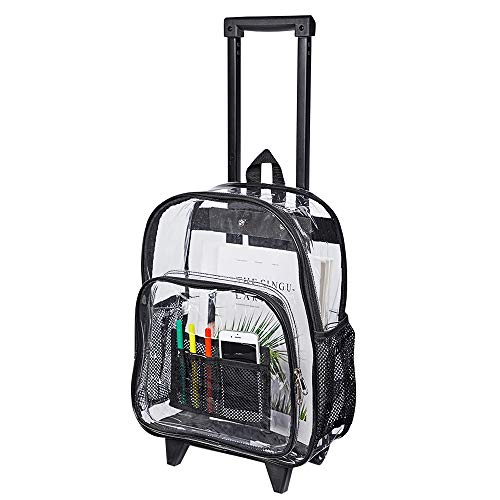 COVAX Rolling Clear Backpack, Heavy Duty See Through Bookbag, Transparent PVC Cold-resistant Backpack with Wheels (Black) | Backpacks4Less