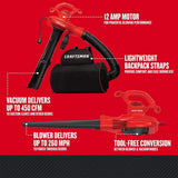 CRAFTSMAN 3 - in - 1 Leaf Blower, Vacuum and Mulcher, Backpack Blower Up to 260 MPH, 12 Amp, Corded Electric Leaf Collector (CMEBL7000)