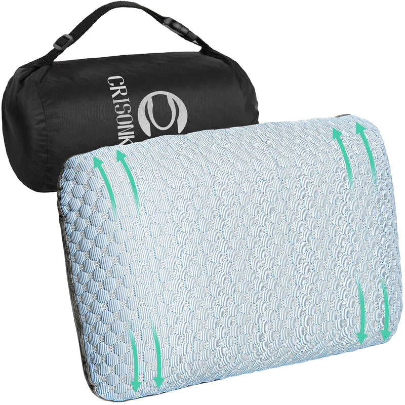 Crisonky Travel and Camping Pillow - Compressible Medium Firm Memory Foam Pillow with Carry Bag for Backpacking & Airplane, Lumbar Support. Breathable Cooling Fabric, Washable Pillowcase (Wathet Blue)