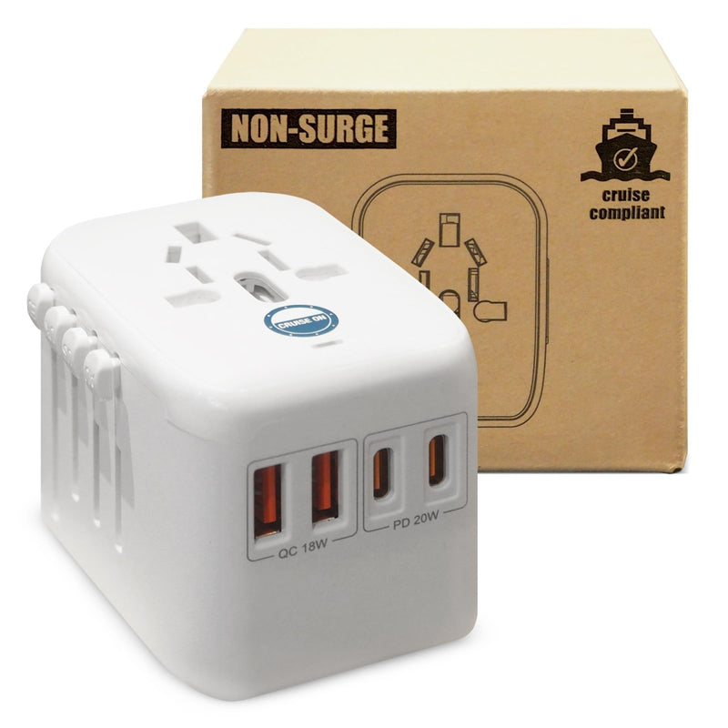 Cruise On Universal Travel Adapter, Cruise Approved (incl Royal Caribbean, Disney, MSC) - International Power Adapter [2 USB - C, 2 USB, AC] World Travel Plug Adapter Converter USA, Italy, Europe, Asia