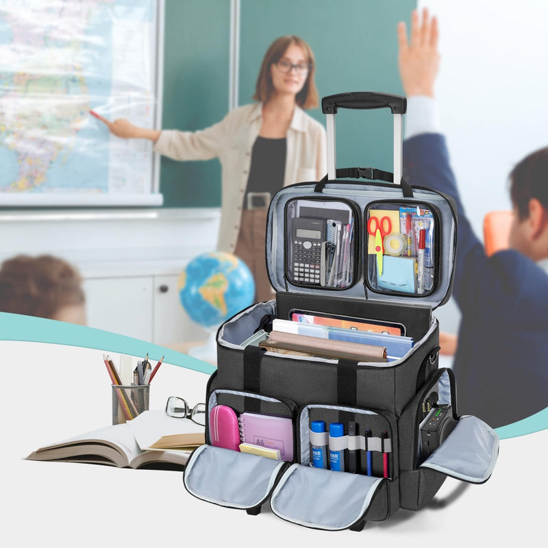 CURMIO Rolling Teacher Tote Bag with Padded Laptop Compartment for up to 15.6 Inches Laptop, Wheeled Teacher Bag for Teaching, Office, Craft, Black