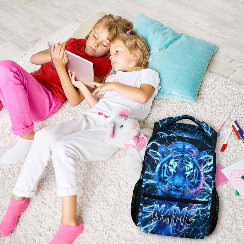 CUSTOMJOY Boys School Backpack, Personalized Tiger Backpacks with Name for Kids Kindergarten Primary Senior Middle, 17 Inch Durable Personalized Cool Lightning Bookbag for School