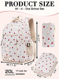 Cute Strawberry Print Backpack with Lunch Box and Pencil Case for Girls Teens Kids for Age 8 - 10 10 - 12 12 - 14 Kawaii Backpack for Elementary Middle High School Bookbag Mochila Para Niñas