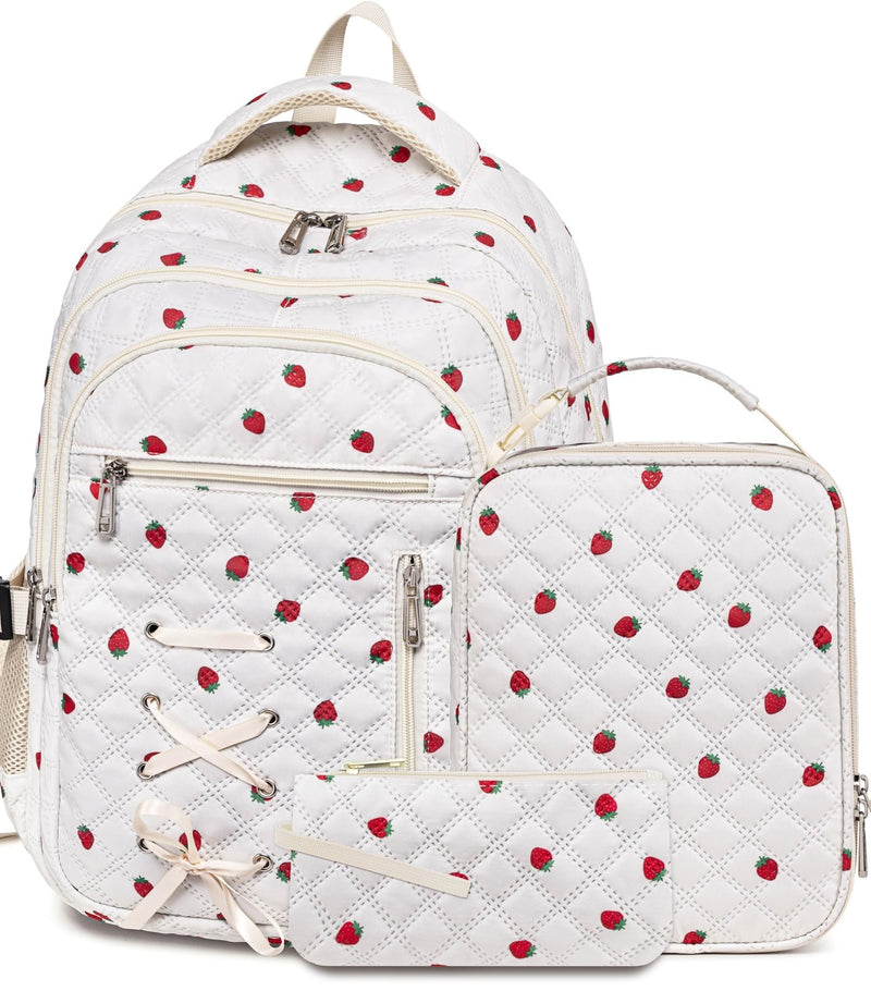 Cute Strawberry Print Backpack with Lunch Box and Pencil Case for Girls Teens Kids for Age 8 - 10 10 - 12 12 - 14 Kawaii Backpack for Elementary Middle High School Bookbag Mochila Para Niñas