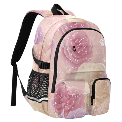 CuwrYet Backpack 14 Inch Laptop Backpack For Women School Student Travel Computer Bag Large Capacity With Water Bottle Pocket Pink Roses Specks Dots Highlights
