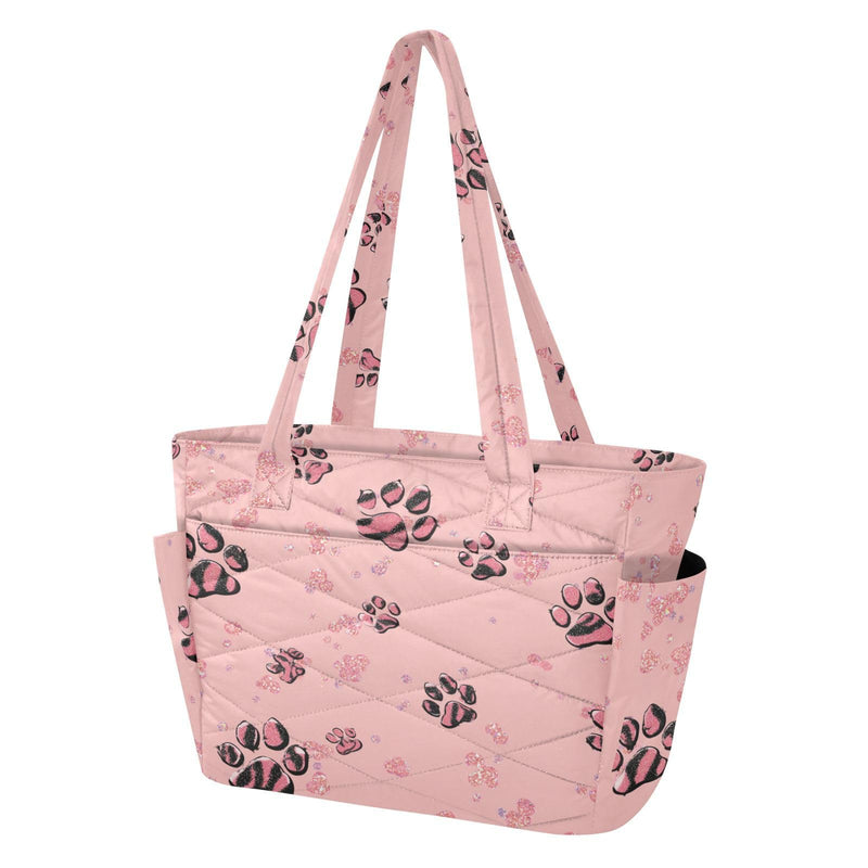 CuwrYet Tote Bag for Women 1pcs Tote Bags For Work Cute Quilted Lightweight Totes Bags with Compartments Shoulder Laptop Bags for Travel Gym College Work Pink Pawprints Darkpink Black Specks