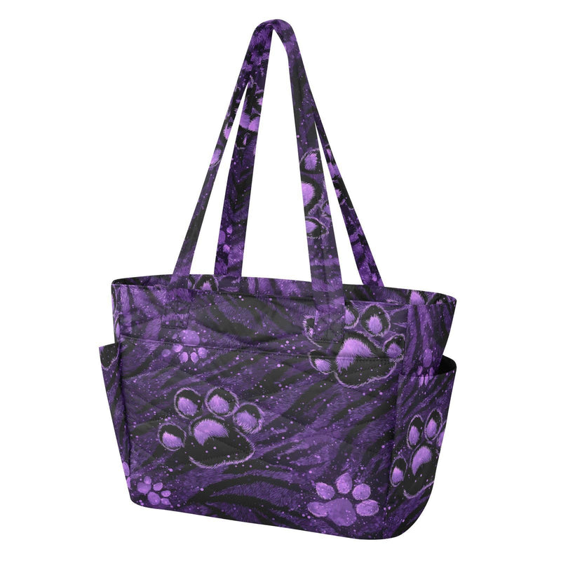 CuwrYet Tote Bag for Women 1pcs Tote Bags For Work Cute Quilted Lightweight Totes Bags with Compartments Shoulder Laptop Bags for Travel Gym College Work Purple Tigerstripe Pawprint Sparkles Specks