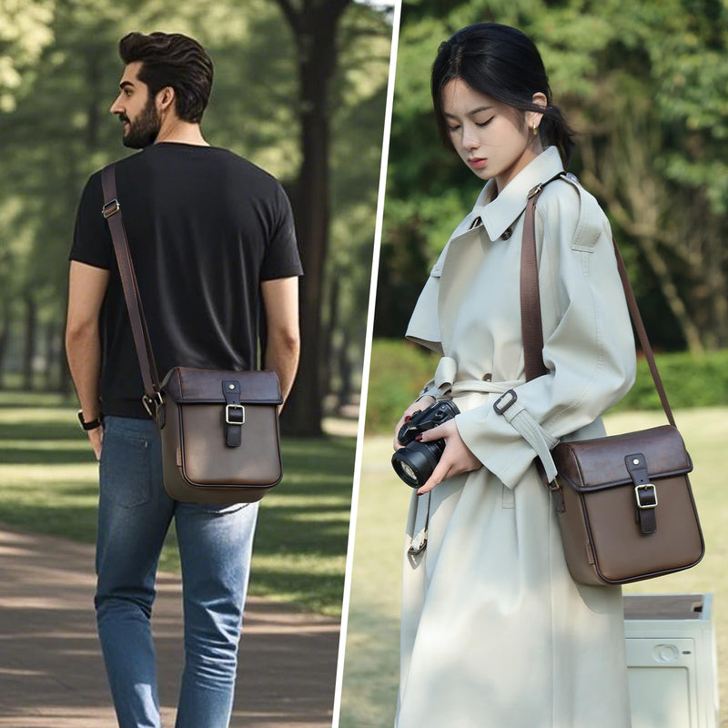 Cwatcun Camera Sling Bag PU Leather for Photographers，Small Camera Bag Water - resistant Shockproof Case with Removable Dividers for DSLR/SLR/Mirrorless,Brown