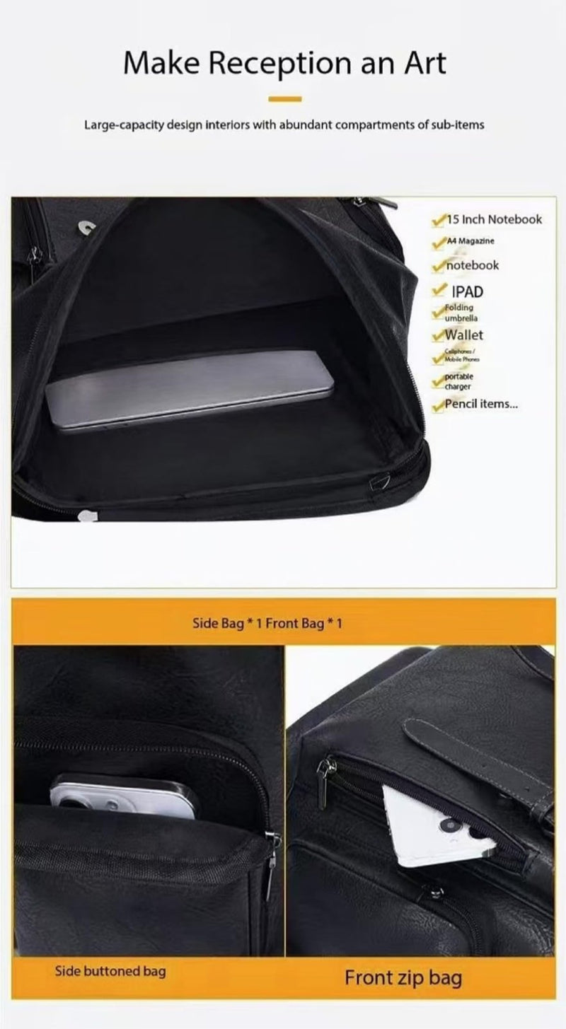 CYLYWJD PU leather casual backpack 15.6 inches travel college work backpack business laptop backpack multi - pocket schoolbag (black3,Backpack)