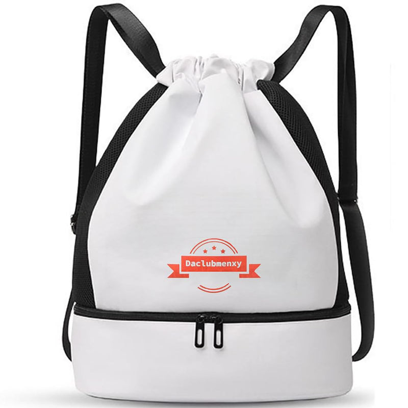 Daclubmenxy Drawstring Backpack with Shoe Compartment - Large Waterproof Gym Bag for Women, Sports Swim Basketball Workout Gear Storage, White