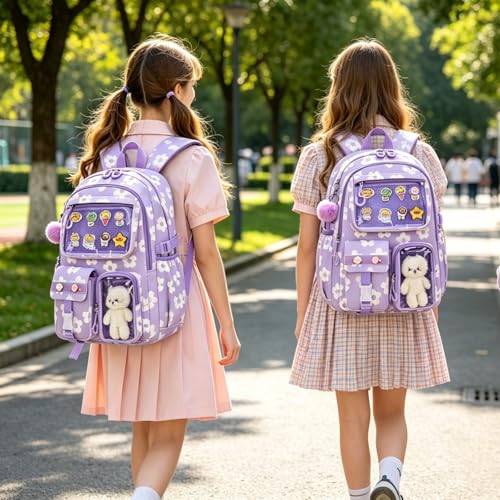 Dafelile Girls Backpack Cute Kawaii Ita Backpacks Aesthetic Bookbag with Furball Pendant Pin Display Insert School Bag for Teen Girls,Corduroy Purple Flower