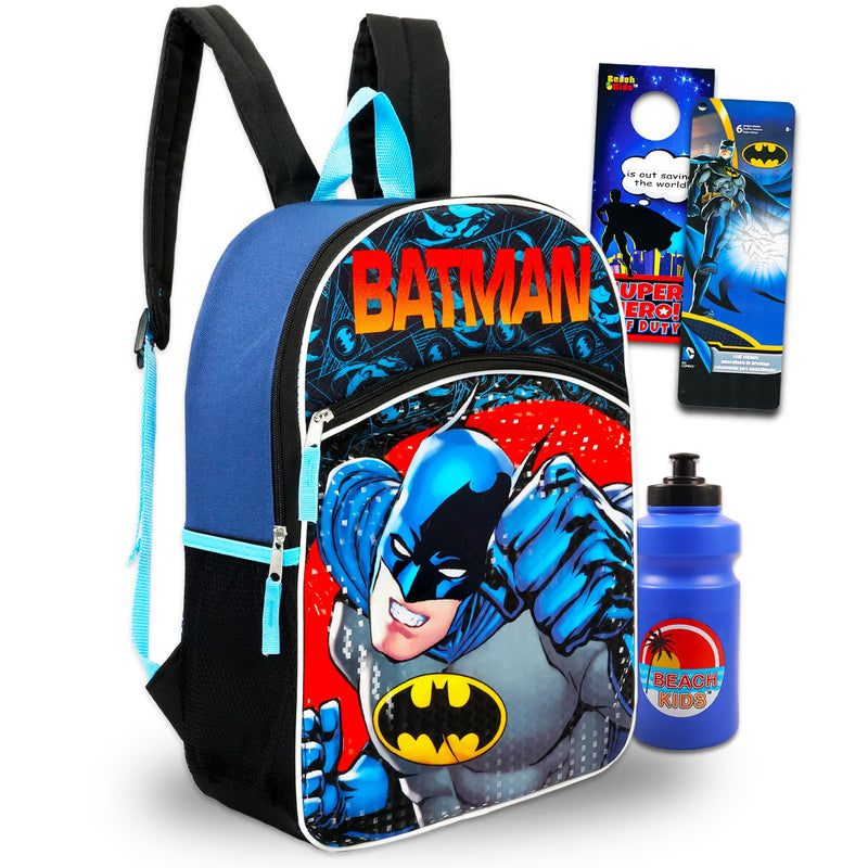 DC Comics Batman Backpack for Kids - 16" Batman School Bag with Batman Stickers, Water Bottle, Door Hanger, and More (Batman School Supplies Bundle)