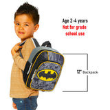 DC Comics Justice League Mini Batman Backpack for Boys Toddlers Kids ~ Deluxe 12 Inch Preschool Toddler Backpack with Detachable Cape and Stickers (Batman School Supplies)