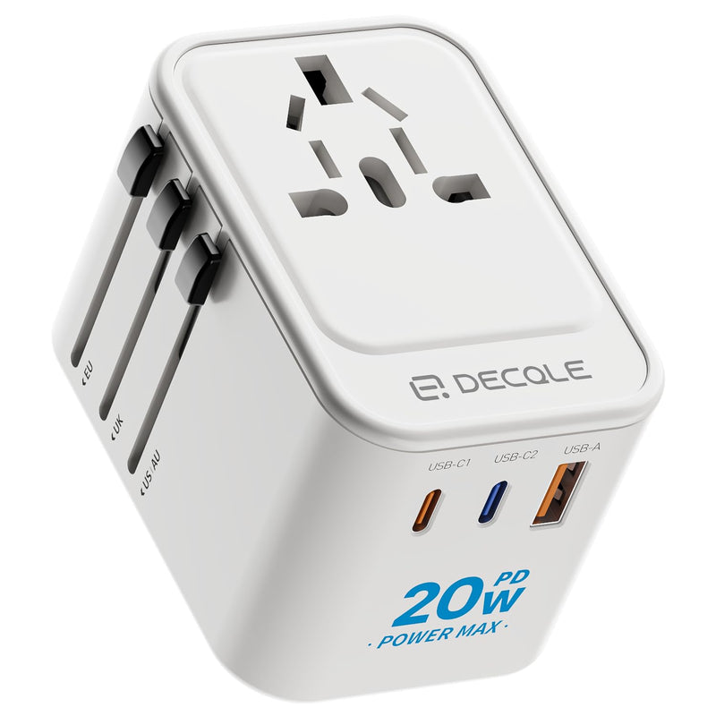decqle Universal Travel Adapter, International Travel Plug Adapter with 2 USB - C(PD 20W) ＆ 1 USB - A Ports, All in One Portable Adaptor, for USA, UK, EU, AU ＆ 224+ Countries (White) US