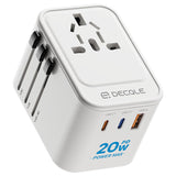 decqle Universal Travel Adapter, International Travel Plug Adapter with 2 USB - C(PD 20W) ＆ 1 USB - A Ports, All in One Portable Adaptor, for USA, UK, EU, AU ＆ 224+ Countries (White) US