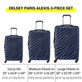 DELSEY PARIS Alexis Durable Luggage Set, Expandable & Lightweight 4-Wheel Spinners, Easy Grip handles for Smooth Journeys, TSA-Lock Incorporated, Men and Women, Navy, 3-Piece Set (21"/25"/29")