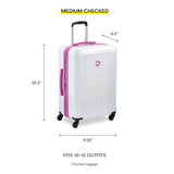 DELSEY PARIS Christine Expandable Luggage, Stylish and Unique, Glossy Exterior with 360 Spinner Wheels, Lockable Telescoping Handle, Men and Women, White with Mauve Trim, Medium Check - In 24 - Inch