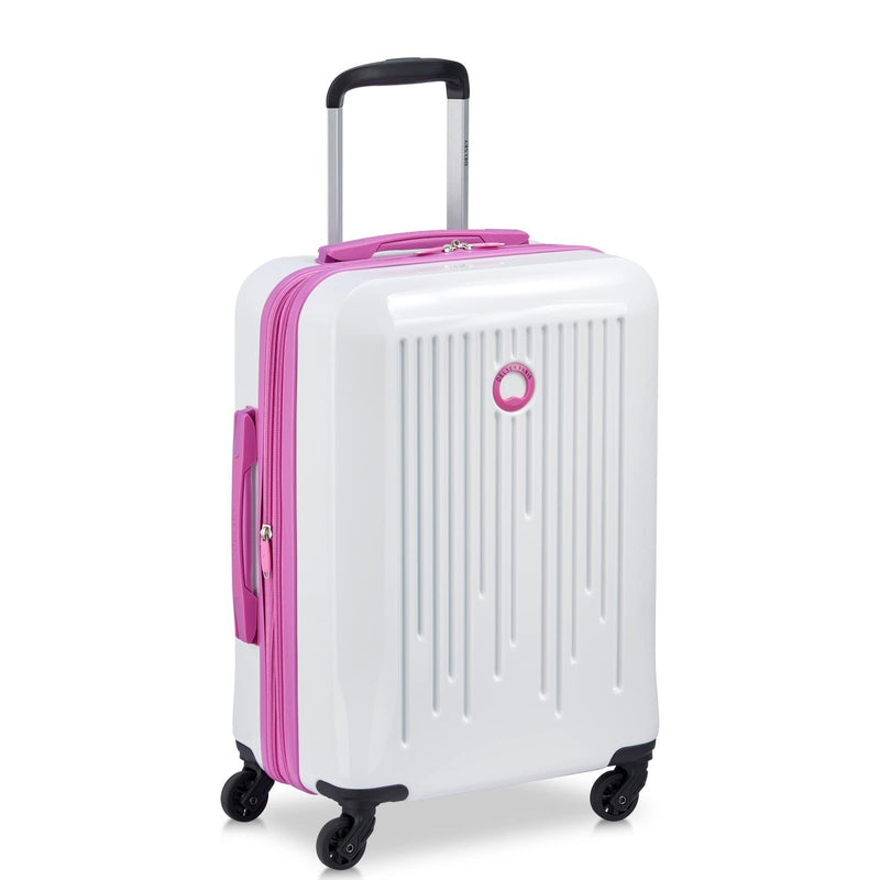 DELSEY PARIS Christine Hardside Expandable Luggage, Stylish and Unique, Glossy Exterior with 360 Spinner Wheels, Lockable Telescoping Handle, Men and Women, White with Mauve Trim, Carry - On 20 - Inch