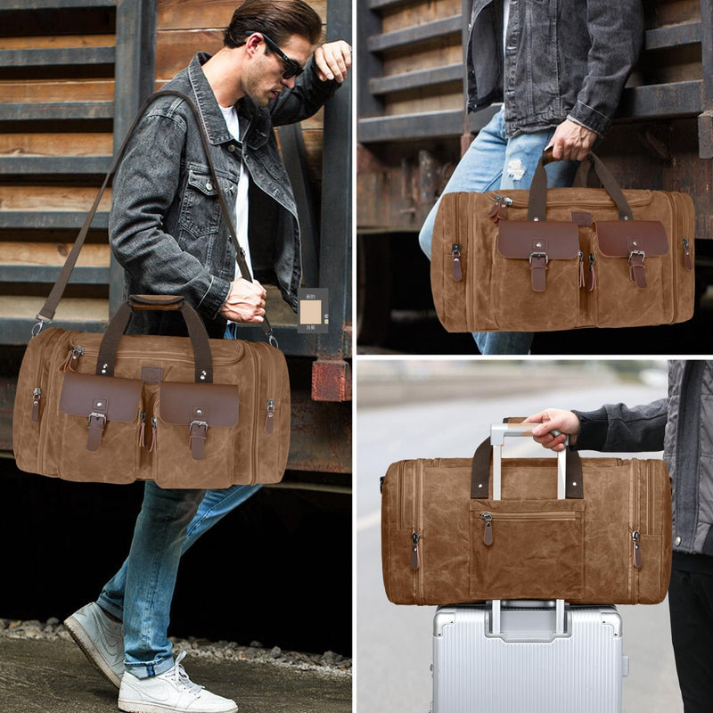 Densata Canvas Duffle Bag for Men 60L Travel Duffel Bags Expandable Genuine Leather Duffel Overnight Weekender Carry On Bag Two Zipper Pockets Travel Bag (Vintage Dark Brown, X Large - 60L)