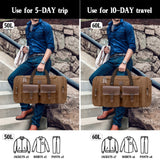 Densata Canvas Duffle Bag for Men 60L Travel Duffel Bags Expandable Genuine Leather Duffel Overnight Weekender Carry On Bag Two Zipper Pockets Travel Bag (Vintage Dark Brown, X Large - 60L)