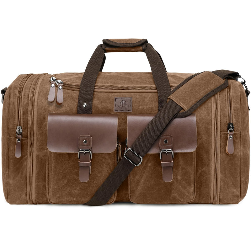 Densata Canvas Duffle Bag for Men 60L Travel Duffel Bags Expandable Genuine Leather Duffel Overnight Weekender Carry On Bag Two Zipper Pockets Travel Bag (Vintage Dark Brown, X Large - 60L)