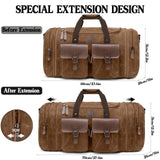 Densata Canvas Duffle Bag for Men 60L Travel Duffel Bags Expandable Genuine Leather Duffel Overnight Weekender Carry On Bag Two Zipper Pockets Travel Bag (Vintage Dark Brown, X Large - 60L)