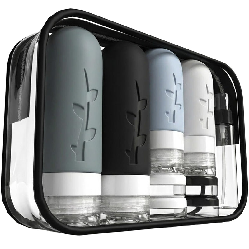 DEPOZA Travel Bottles Kit (16 Pack) - TSA Approved, Leak Proof Silicone Squeezable Containers for Toiletries. Complete Set with Jars, Sprayers & Bag (Black)